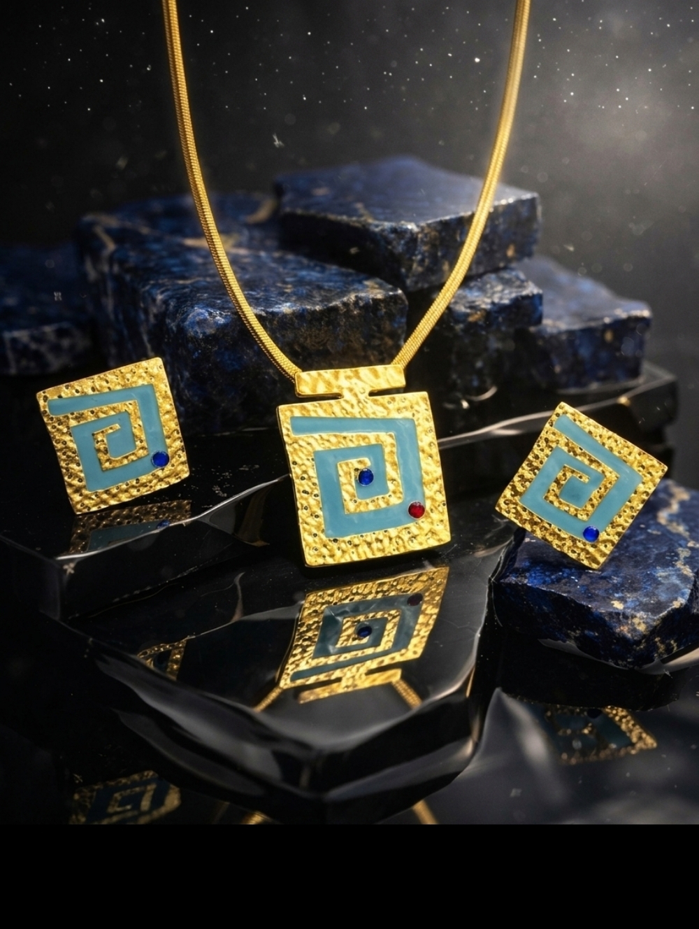 18K Gold Greek Key Maze Turquoise Enamel Set Mediterranean Goddess Old Money